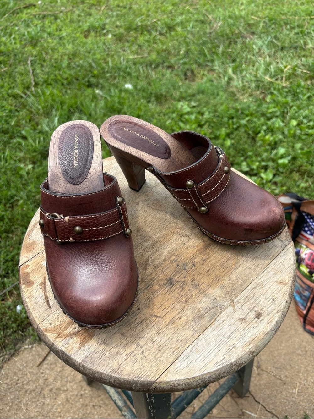 Vintage Banana Republic Dark Brown Leather Clog Heels with Stud Accents